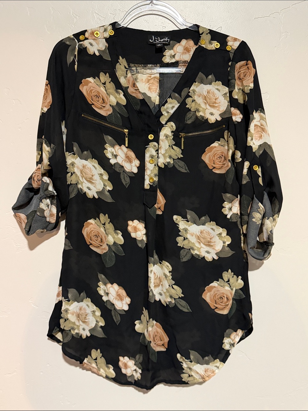 J for Justify Black Floral Button-Down Blouse with Beige Rose Print